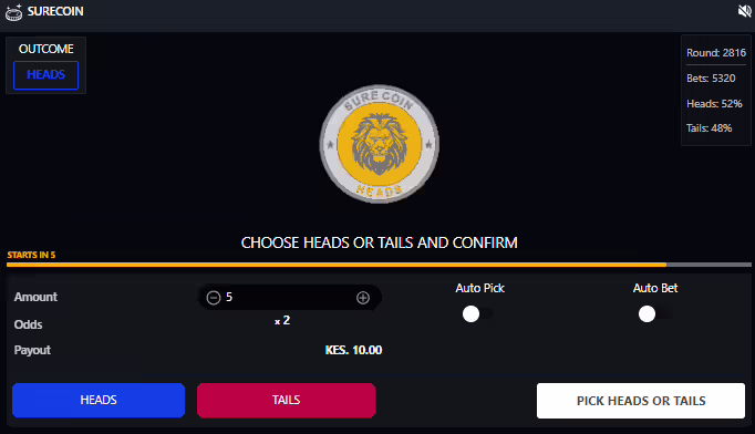 Surebet Kenya Account & App Registration and Login. With the choice between heads or tails, SureCoin offers a quick and fun way to test your luck and potentially earn rewards. Picture/Courtesy