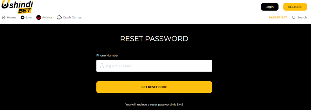 Ushindi Bet Kenya Account & App Registration and Login. Ushindi Bet Kenya password reset page.