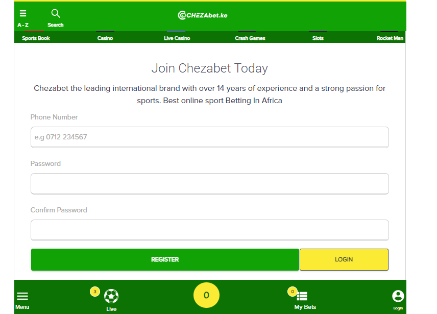 Chezabet Kenya Account & App Registration and Login. Chezabet Kenya registration form