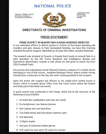 Kenyans on X Rush to Verify Suspected Serial Killer Collins Jomaisi's Identity. A section of DCI's statement on Collins Khalisia's arrest. Picture/DCI