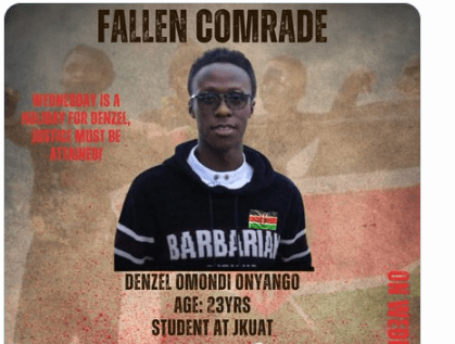 JKUAT Students Block Thika Superhighway Demanding Justice for Slain Denzel Omondi. A poster of Denzel Omondi circulated on social media. Picture/X