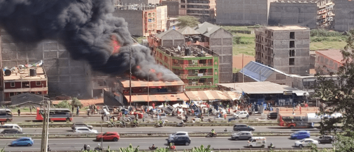 Kenya Red Cross Contain Huge Fire at Furniture Shop on Thika Road. A picture of the burning Bed Place Furniture shop along Thika Superhighway. Picture/Courtesy