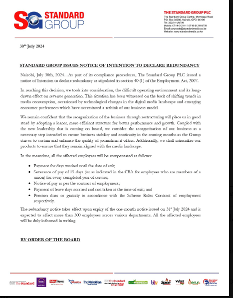 KTN News Shuts Down After 9 Years on Air. The Standard Media Group let go of 300 employees on July 30th 2024. Picture/Standard Media Group.