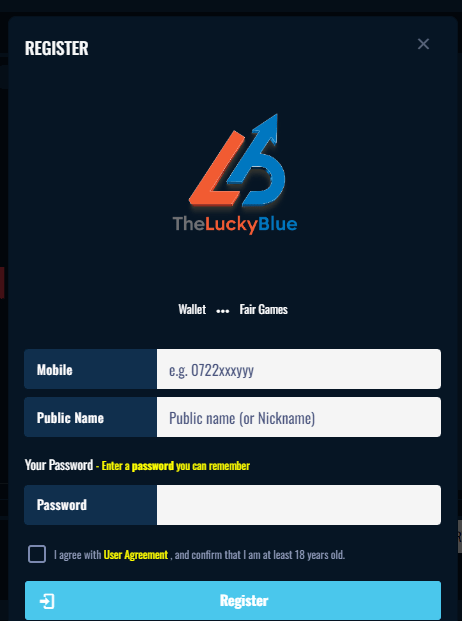 Lucky Blue Aviator Kenya Account & App Registration and Login. Lucky Blue Aviator registration section