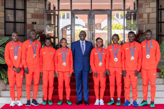 President Ruto Meets Kenyan Olympic Medalists At Eldoret State Lodge. President Ruto poses for photographs with Kenyan Olympic champions. Picture/Courtesy