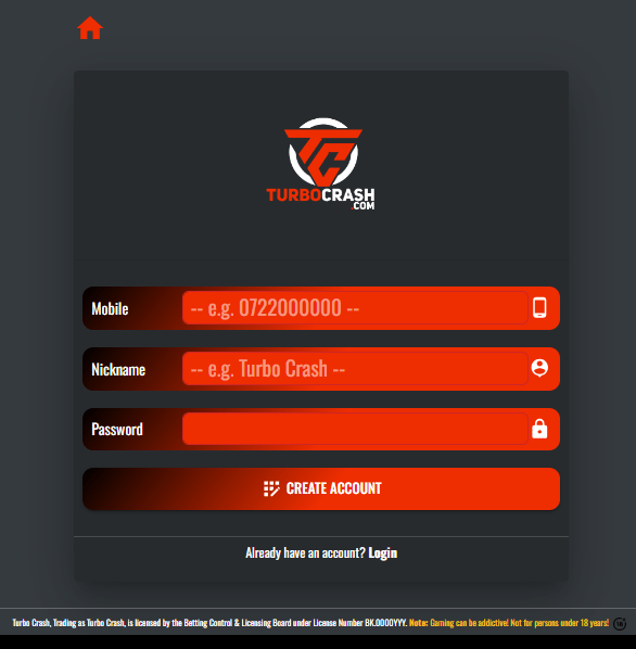 Turbo Crash Aviator Account & App Registration and Login. Turbo Crash Aviator registration section