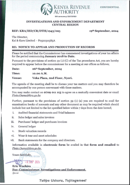 Khalif Kairo Slams KRA Nyeri Office For Frustrating His Business. A copy of KRA's letter to business man Khalif Kairo demanding his tax records.