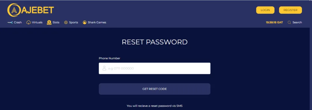 Ajebet Kenya Crash Account & App Registration and Login. Ajebet Kenya password reset section. 