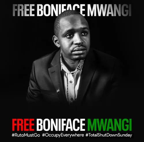 Boniface Mwangi Walks Out of Kamukunji Police Station After Sunday Arrest. A #FreeBonifaceMwangi poster circulated on social media. Picture/ X