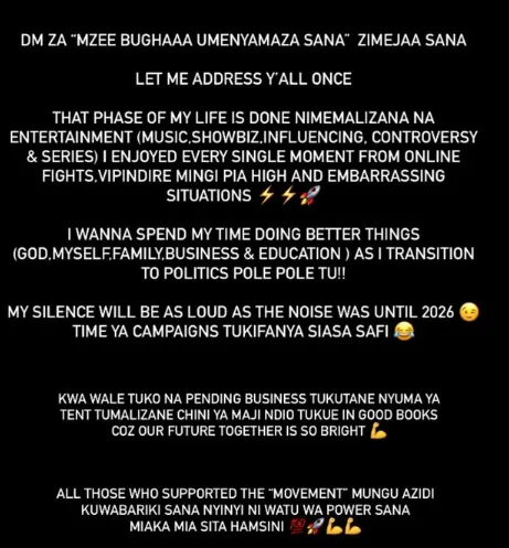 KRG the Don Quits Music to Pursue Political Ambitions. KRG's message to his supporters following his retirement from music. Picture/Instagram