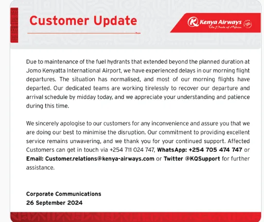 Stabex Introduces Airplane Fueling Trucks After Fuel System Problem at JKIA. Kenya Airways statement on fuel system disruptions at JKIA. Picture/X