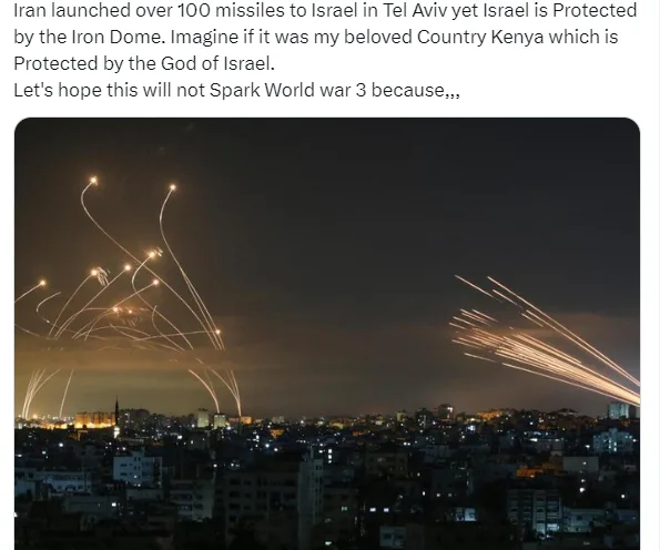 Kenyans Express Safety Concerns Amid World War 3 Fears, Following Iran's Missile Attack on Israel. Kenyans on Twitter (X) react to Iran's attack on Israel. Picture/X