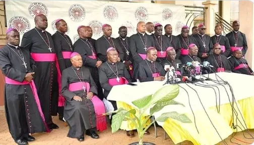 MP Oscar Sudi Attacks Catholic Bishop Anthony Muheria on Twitter. Members of the Kenya Conference of Catholic Bishops address the media. Picture/X